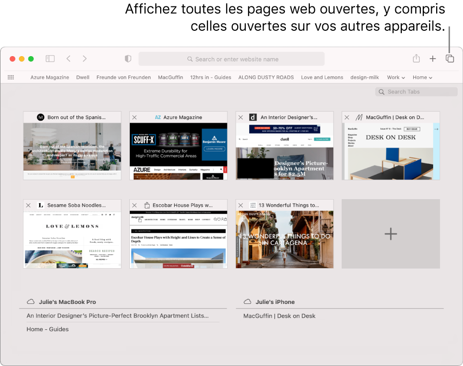 La barre d’outils avec le bouton « Afficher l’aperçu des onglets ».