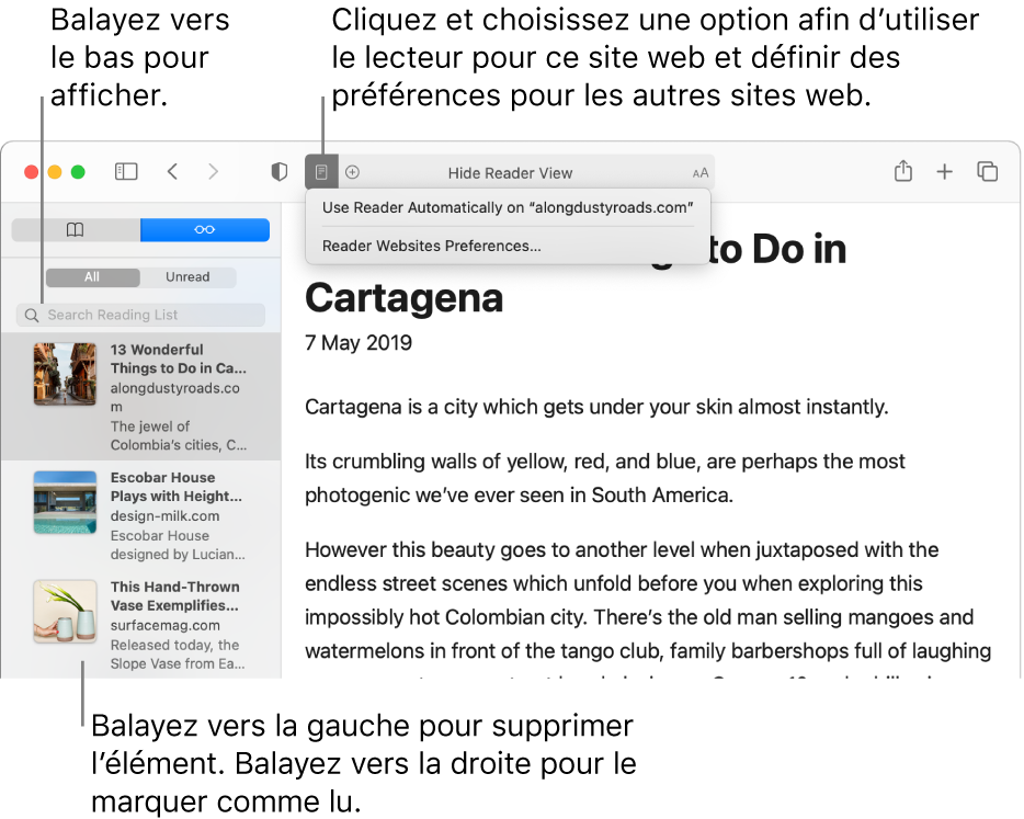 Une fenêtre Safari avec une liste de lecture.