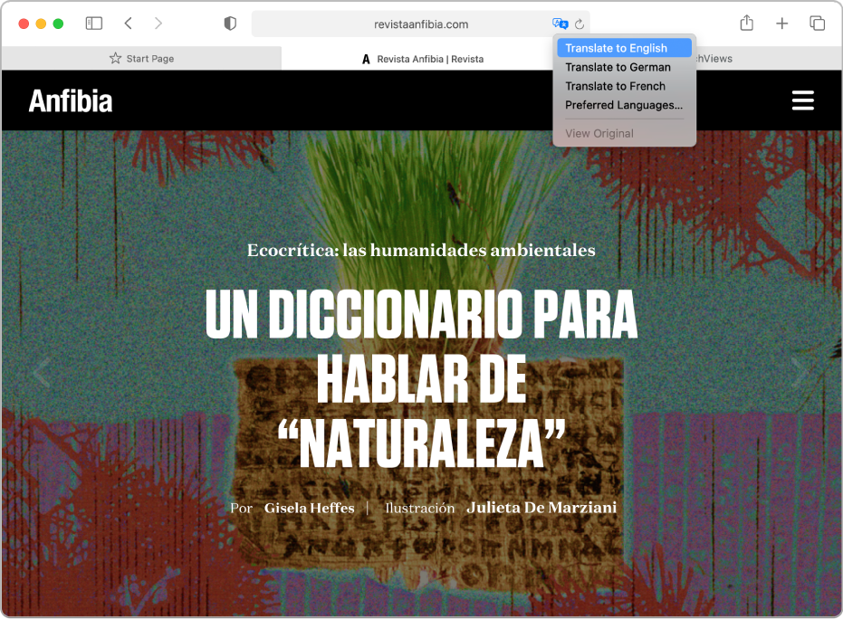 Une page web en espagnol. Le champ de recherche intelligente inclut un bouton de traduction et affiche une liste de langues disponibles.