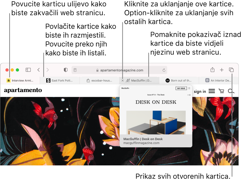 Prozor preglednika Safari s nekoliko otvorenih kartica, s pokazivačem preko kartice koji prikazuje pretpregled web stranice.