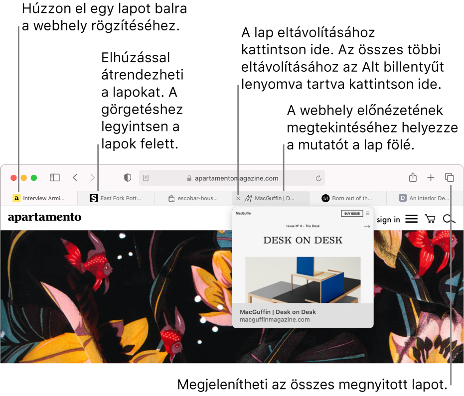 A Safari ablaka több megnyitott lappal, és a webhely előnézetét mutató lap fölött tartott mutatóval.