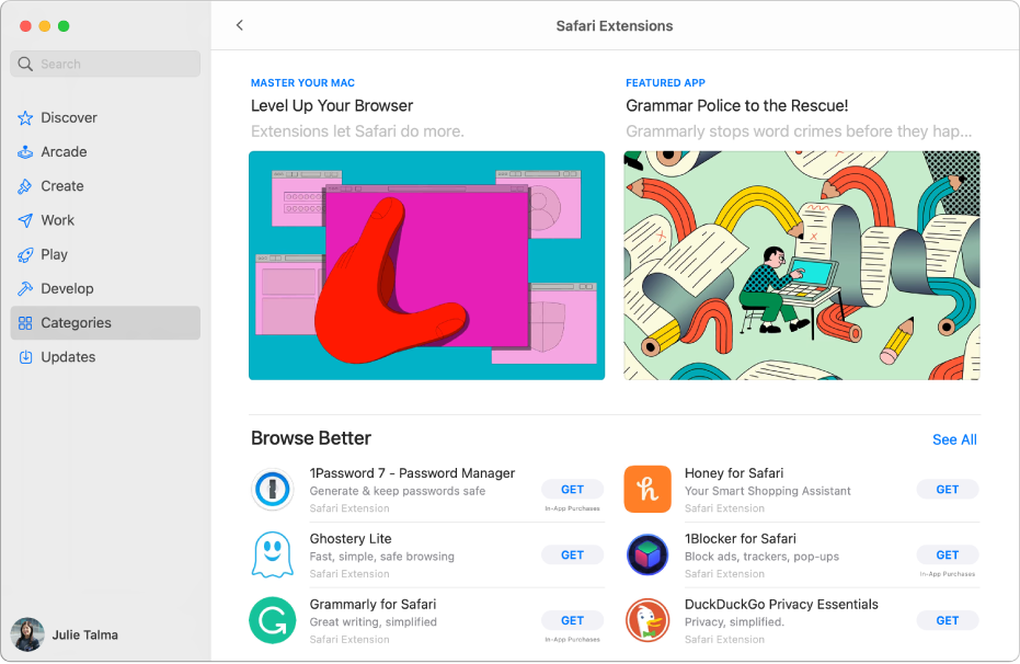 A Mac App Store kezdőlapja A bal oldali oldalsávon az áruház különböző területeire mutató hivatkozások láthatók, például Arcade és Létrehozás. A Kategóriák elem pedig ki van választva. A jobb oldalon a Safari-bővítmény kategória látható.