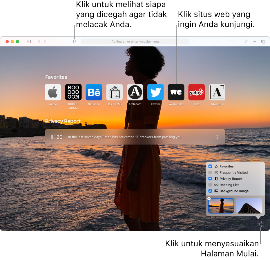 Halaman mulai Safari, menampilkan situs web favorit, ringkasan Laporan Privasi, artikel Daftar Bacaan, dan pilihan halaman mulai.