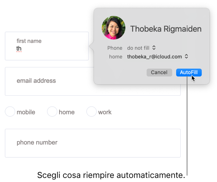 Un modulo di spedizione con una scheda contatti visualizzata e “Riempimento automatico” disponibile.