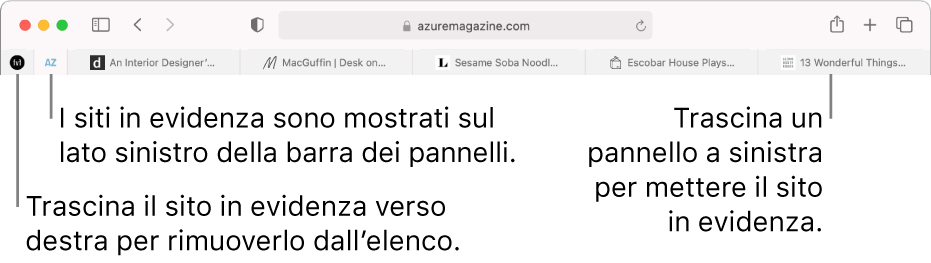 Siti ancorati nella barra dei pannelli di Safari.