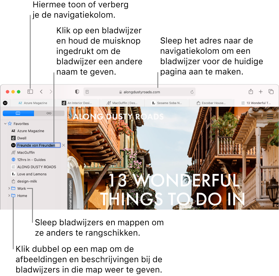 Een Safari-venster met bladwijzers in de navigatiekolom, waarvan één bladwijzer is geselecteerd om te worden gewijzigd.