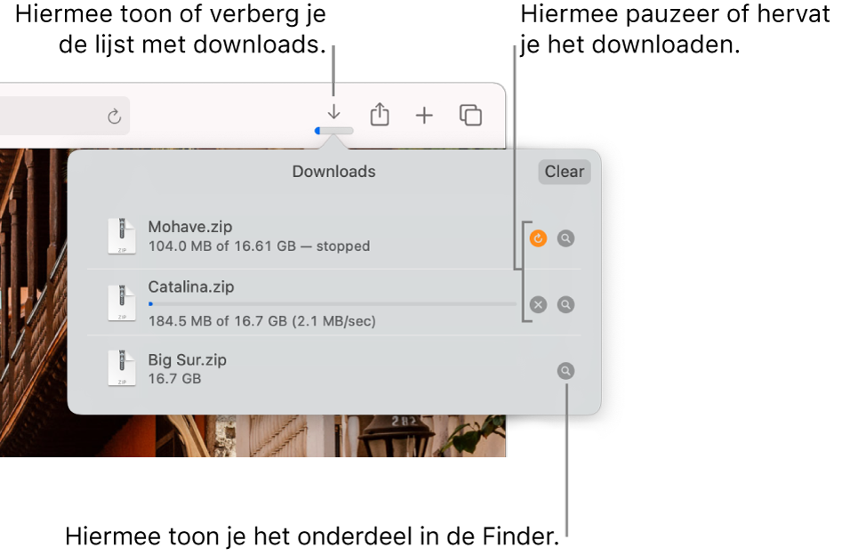 De knop 'Downloads' in de knoppenbalk, met daaronder de lijst met downloads.