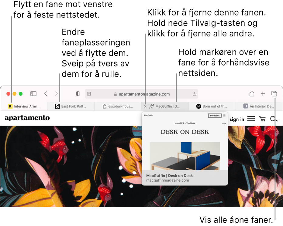 Safari-vinduet med flere faner åpne, med markøren over en fane som viser en forhåndsvisning av en nettside.