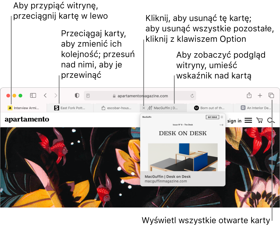Okno Safari z wieloma otwartymi kartami, ze wskaźnikiem nad kartą pokazującą podgląd witryny.