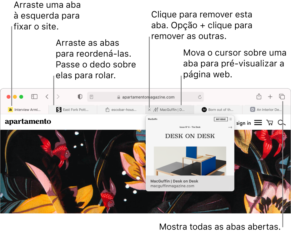 Janela do Safari com várias abas abertas, com o cursor sobre uma aba mostrando a pré-visualização de uma página web.