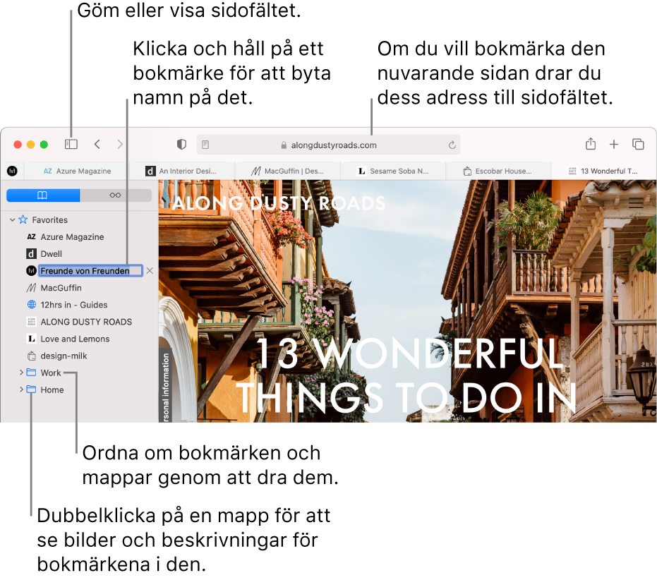 Ett Safari-fönster med bokmärken i sidofältet. Ett bokmärke är markerat för redigering.