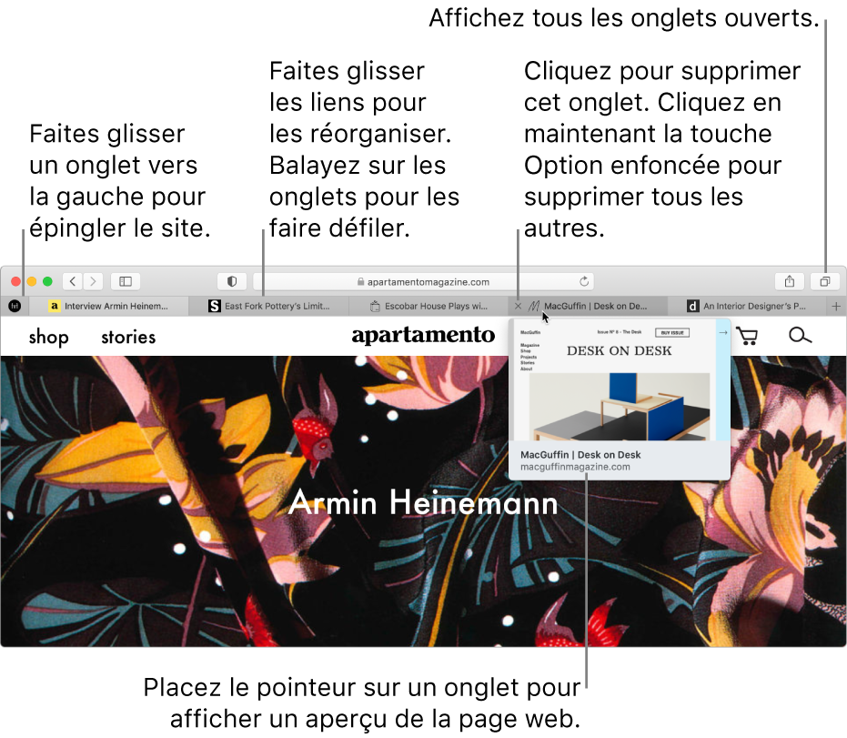 La fenêtre Safari comprenant plusieurs onglets ouverts, avec le pointeur placé sur un onglet présentant un aperçu de la page web.