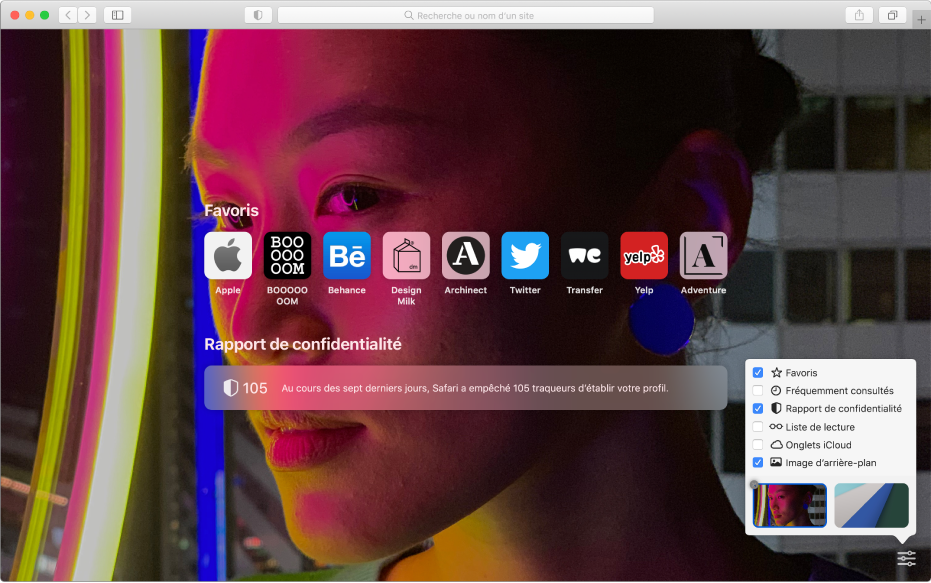 La page de démarrage de Safari affichant les sites web favoris, le résumé d’un rapport de confidentialité et les options de la page de démarrage.