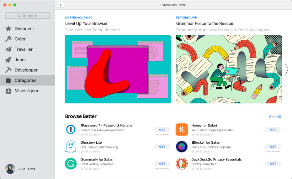 Page principale du Mac App Store. La barre latérale de gauche contient des liens vers différentes parties du Store, comme Arcade et Créer. Catégories est sélectionné. La catégorie des extensions Safari se trouve à droite.