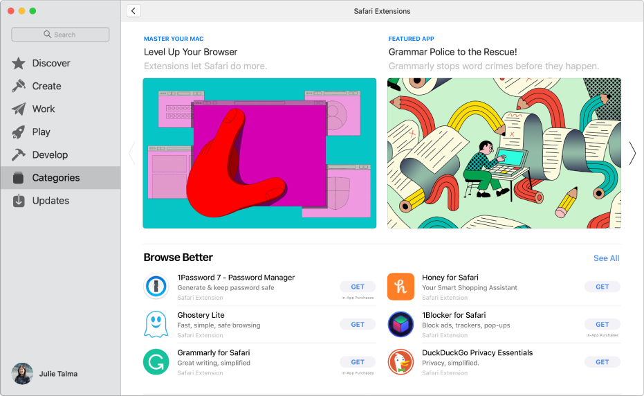 Page principale du Mac App Store. La barre latérale de gauche contient des liens vers différentes parties du Store, comme Arcade et Créer. Catégories est sélectionné. La catégorie des extensions Safari se trouve à droite.