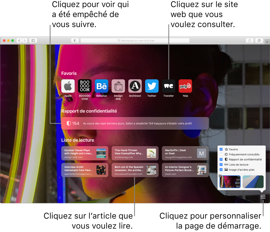 La page de démarrage de Safari affichant les sites web favoris, le résumé d’un rapport de confidentialité, les articles de la liste de lecture et les options de la page de démarrage.