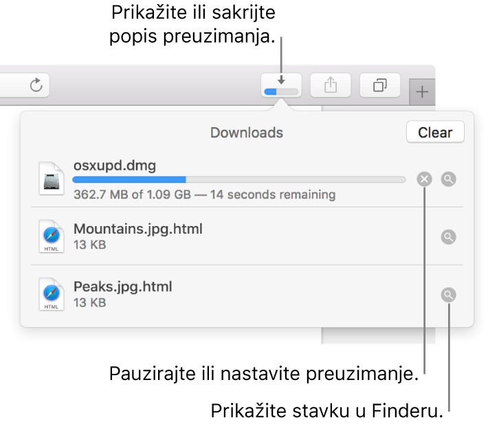 Tipka Preuzimanja u alatnoj traci, s popisom preuzetih stavki ispod tipke.