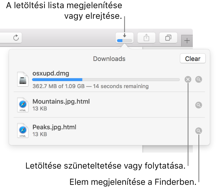 A Letöltések gomb az eszközsoron, alatta a letöltések listája.