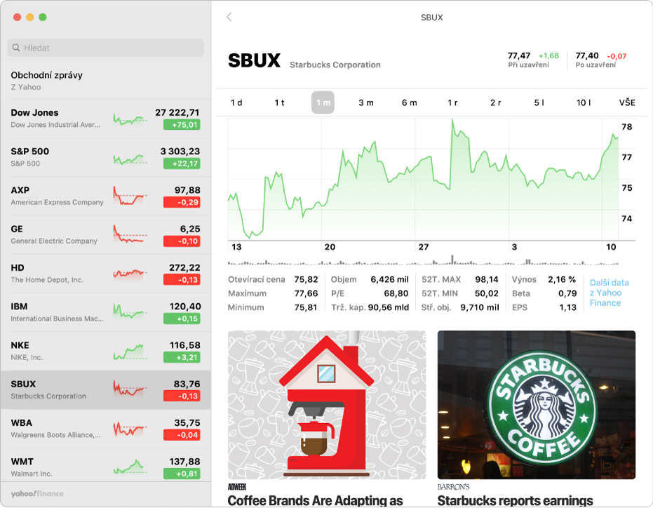 Okno aplikace Akcie se seznamem sledování na levé straně, grafem vpravo nahoře a titulky zpravodajských článků vpravo dole