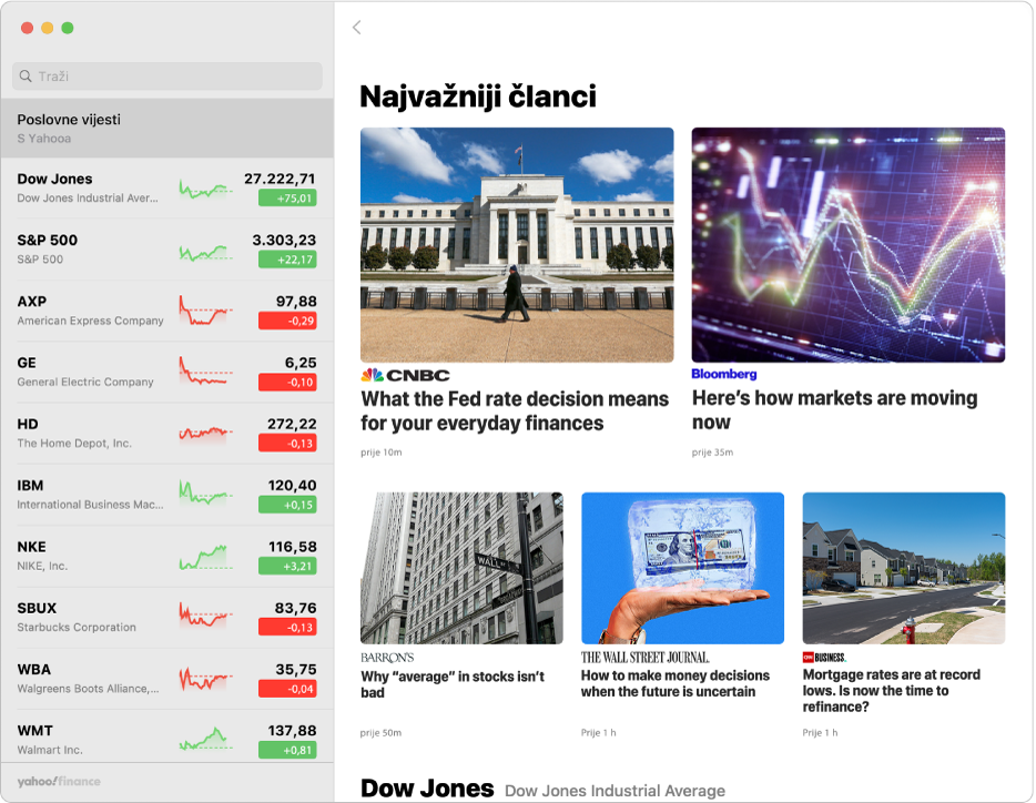 Prozor aplikacije Dionice s prikazom novinskog članka.