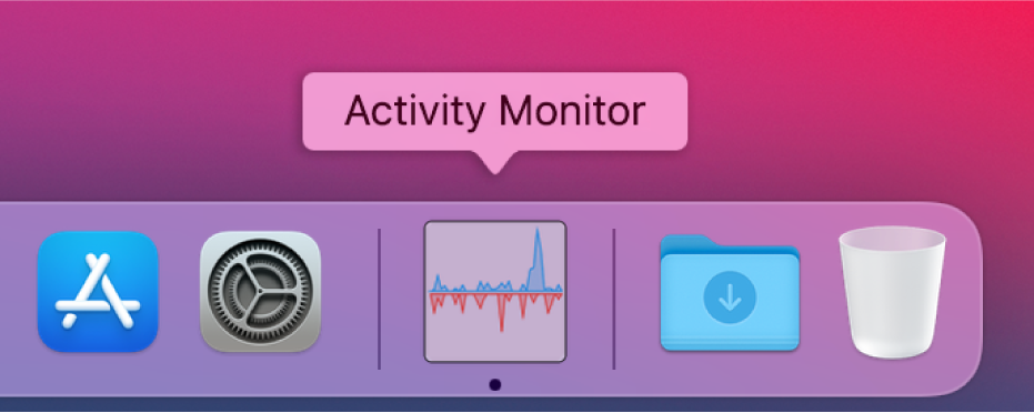 The Activity Monitor icon in the Dock showing disk activity.