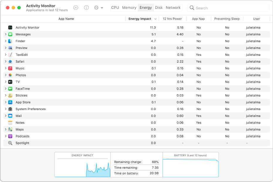 The Energy pane of Activity Monitor. The pane shows a list of apps, with information about the energy usage of each one displayed in columns. At the bottom of the window is a graph showing the overall energy impact.