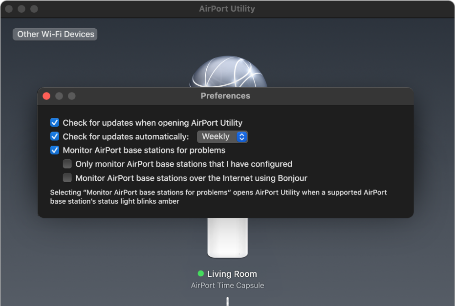 AirPort Utility preferences, showing the “Check for updates when opening AirPort Utility”, “Check for updates automatically” and “Monitor AirPort base stations for problems” tickboxes.