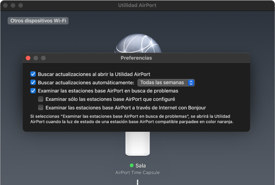 Preferencias de Utilidad de AirPort mostrando las casillas “Buscar actualizaciones al abrir Utilidad AirPort”, “Buscar actualizaciones automáticamente” y “.Examinar las estaciones base AirPort en busca de problemas”.
