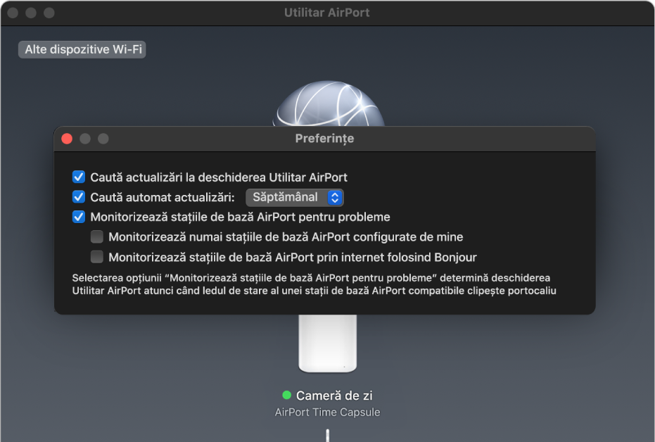 Preferințele Utilitar AirPort, afișând casetele de validare “Caută actualizări la deschiderea Utilitar AirPort”, “Caută automat actualizări” și “Monitorizează stațiile de bază AirPort pentru probleme”.