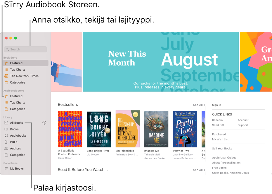 Kirjat-apin sivupalkki. Selaa Book Storea klikkaamalla Book Store -kohdan alla olevia kohteita. Selaa Audiobook Storea klikkaamalla Audiobook Store -kohdan alla olevia kohteita. Etsi kirjoittamalla nimi, tekijä tai genre hakukenttään. Siirry takaisin kirjastoon klikkaamalla Kaikki kirjat.