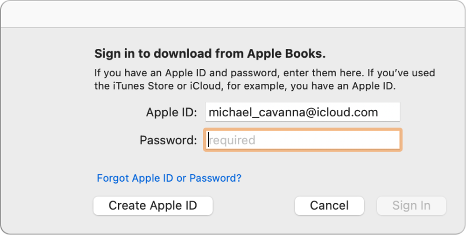 La zone de dialogue permettant de se connecter à l’aide d’un identifiant Apple et d’un mot de passe.