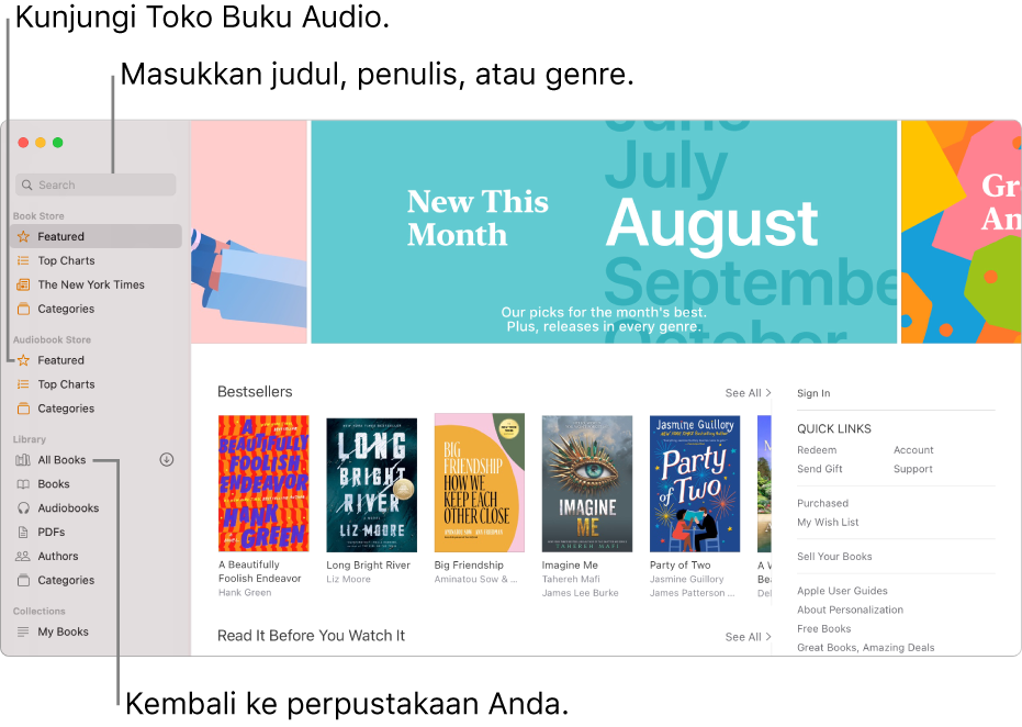 Bar samping di Buku. Untuk menelusuri Toko Buku, klik di item mana pun di bawah Toko Buku. Untuk menelusuri Toko Buku Audio, klik item mana pun di bawah Toko Buku Audio. Untuk mencari, masukkan judul, penulis, atau genre di bidang pencarian. Untuk kembali ke perpustakaan Anda, klik Semua Buku.