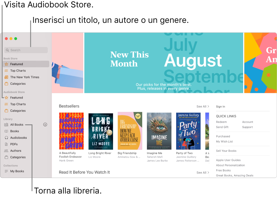 La barra laterale in Libri. Per sfogliare Book Store, fai clic su uno degli elementi sotto “Book Store”. Per sfogliare Audiobook Store, fai clic su uno degli elementi sotto “Audiobook Store”. Per eseguire una ricerca, inserisci un titolo, un autore o un genere nel campo di ricerca. Per tornare alla libreria, fai clic su “Tutti i libri”.
