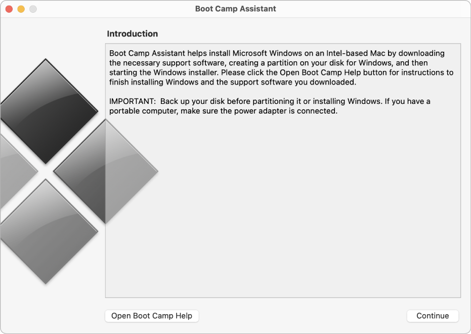 Der Boot Camp-Einführungsbildschirm mit einer Taste für die Online-Hilfe und einer Taste, um die Installation fortzusetzen.