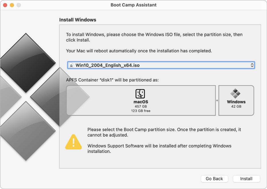Janela de instalação do Assistente do Boot Camp. No canto inferior direito encontra-se o botão Instalar e, à esquerda dele, o botão Voltar.