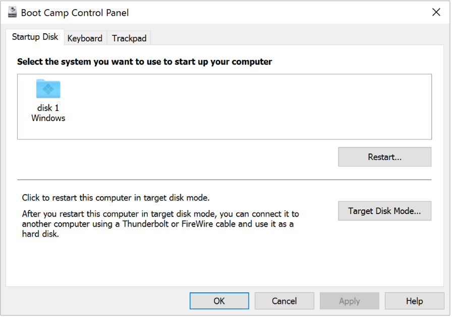 Le panneau de configuration Boot Camp affichant le volet de sélection du disque de démarrage, qui comprend également des options afin de redémarrer votre ordinateur ou utiliser le mode disque cible.