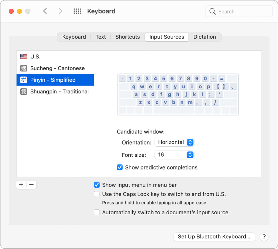 The Input Sources pane of Keyboard preferences, where you can add or remove input sources for different languages (U.S., Pinyin - Simplified, Shuangpin - Traditional, and Sucheng are shown in the list on the left) and choose other options.