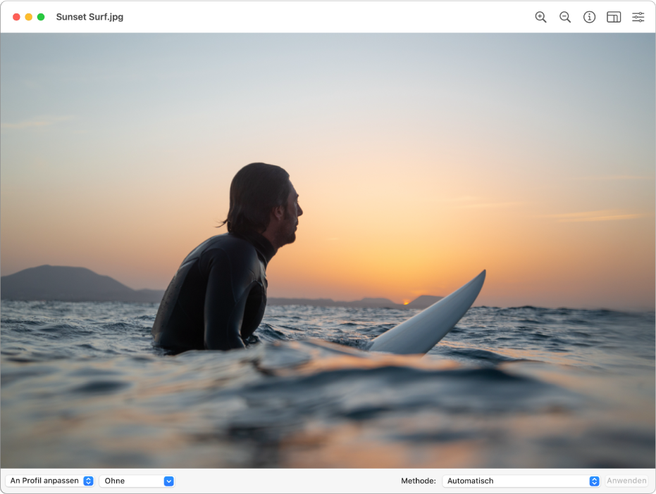 Das Fenster „ColorSync-Dienstprogramm“ mit dem Bild eines Mannes im Meer oder an der Küste, der auf einem Surfbrett im Wasser sitzt.