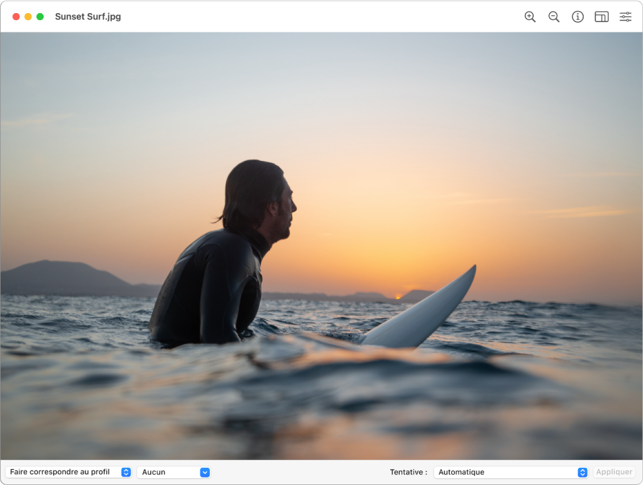 Fenêtre Utilitaire ColorSync affichant l’image d’un homme assis sur une planche de surf dans I’océan ou I’eau d’une baie.