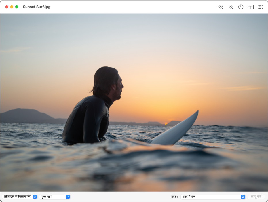 ColorSync यूटिलिटी विंडो द्वारा समुद्र या खाड़ी के पानी में किसी व्यक्ति की सर्फ़बोर्ड पर बैठे हुए इमेज दिखाई जा रही है।
