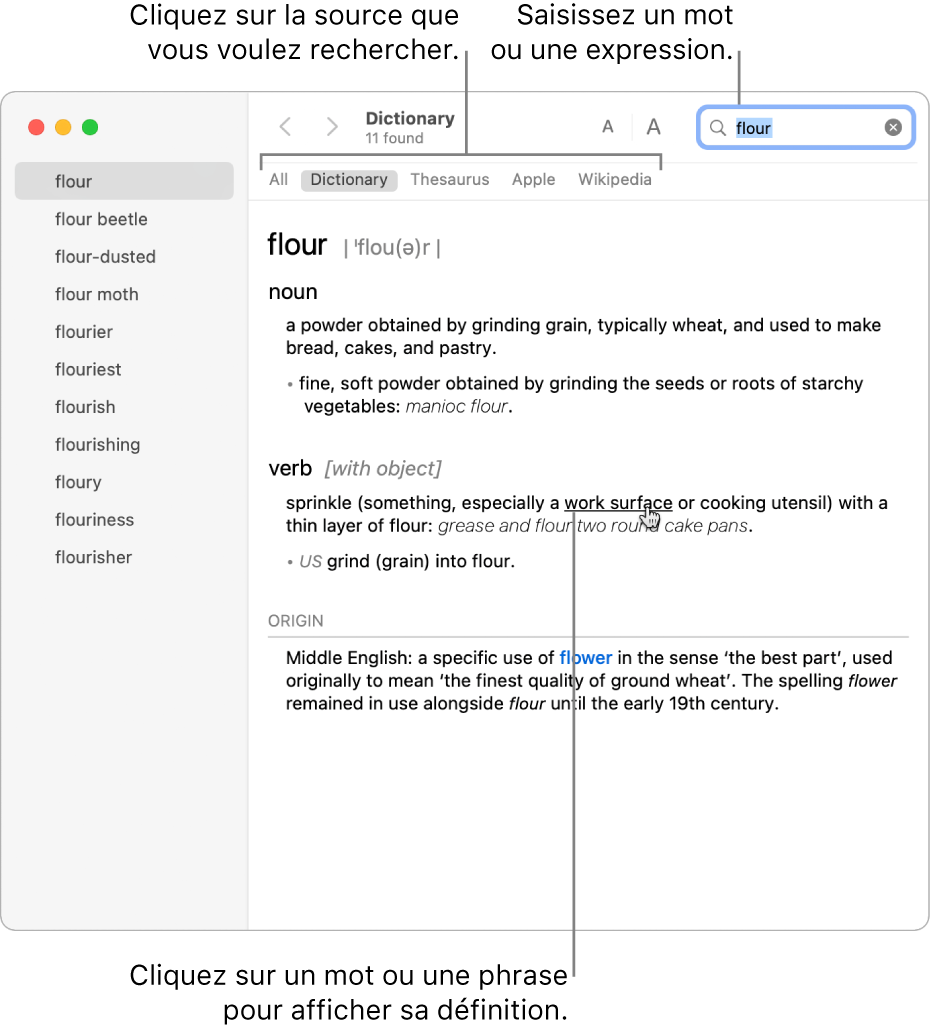 Fenêtre Dictionnaire complète affichant une définition. Cliquez sur un mot ou une phrase dans une définition pour afficher sa définition. Pour sélectionner une source à rechercher, cliquez sur son nom dans la barre des sources, sous la barre d’outils. Saisissez un mot ou une expression dans le champ de recherche.