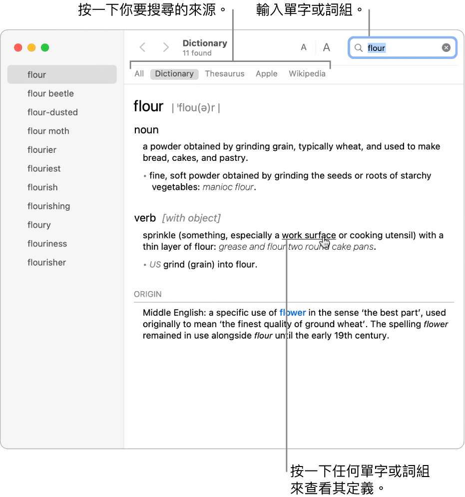 完整「辭典」視窗顯示定義。按一下定義中的任何一個單字或詞組來查看定義。如要選擇搜尋來源,請在來源列中按一下它的名稱(於工具列下方)。在搜尋欄位中輸入單字或詞組。