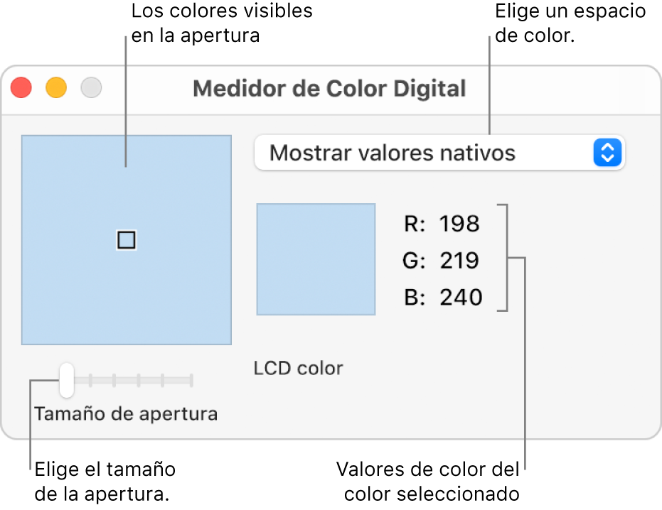La ventana de Medidor de Color Digital muestra el color seleccionado en la apertura de la izquierda, el menú desplegable “Espacio de color”, los valores del color y el regulador “Tamaño de apertura”.