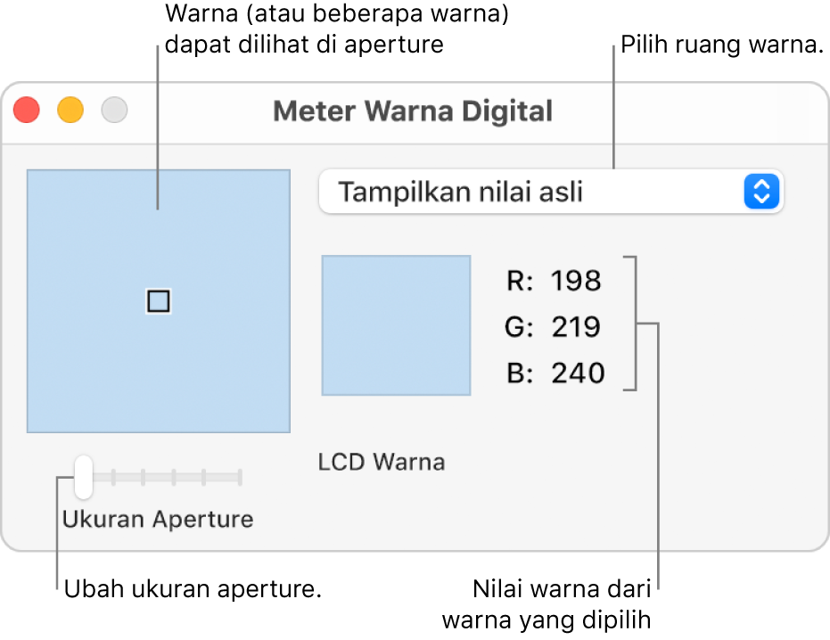 Jendela Meter Warna Digital, menampilkan warna yang dipilih pada aperture di sebelah kiri, menu pop-up ruang warna, nilai warna, dan penggeser Ukuran Aperture.