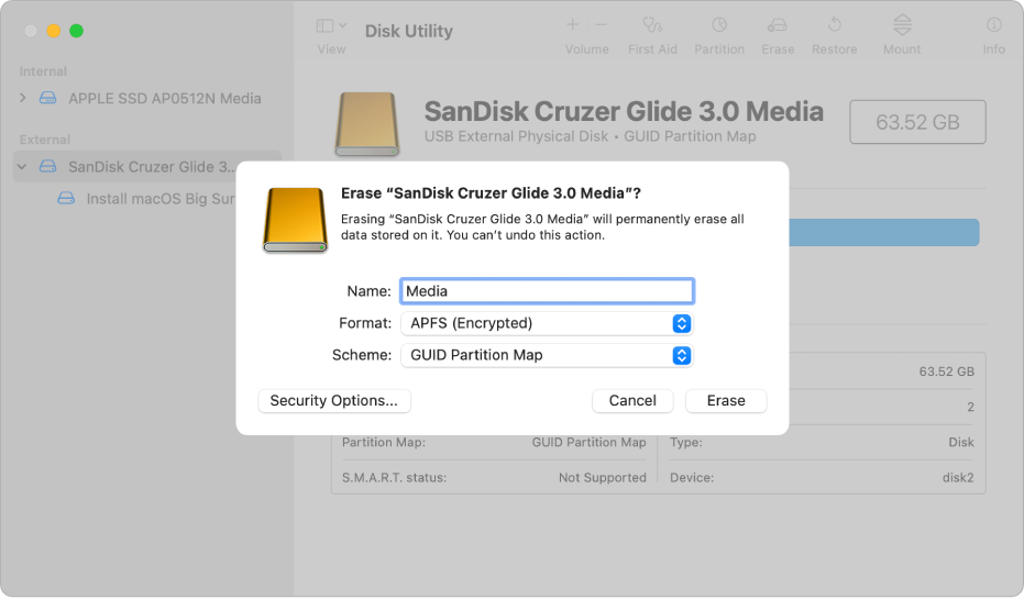 Finestra de la Utilitat de Discos on es pot veure com es configura el quadre de diàleg Esborrar per reformatar una memòria USB amb format APFS encriptat.
