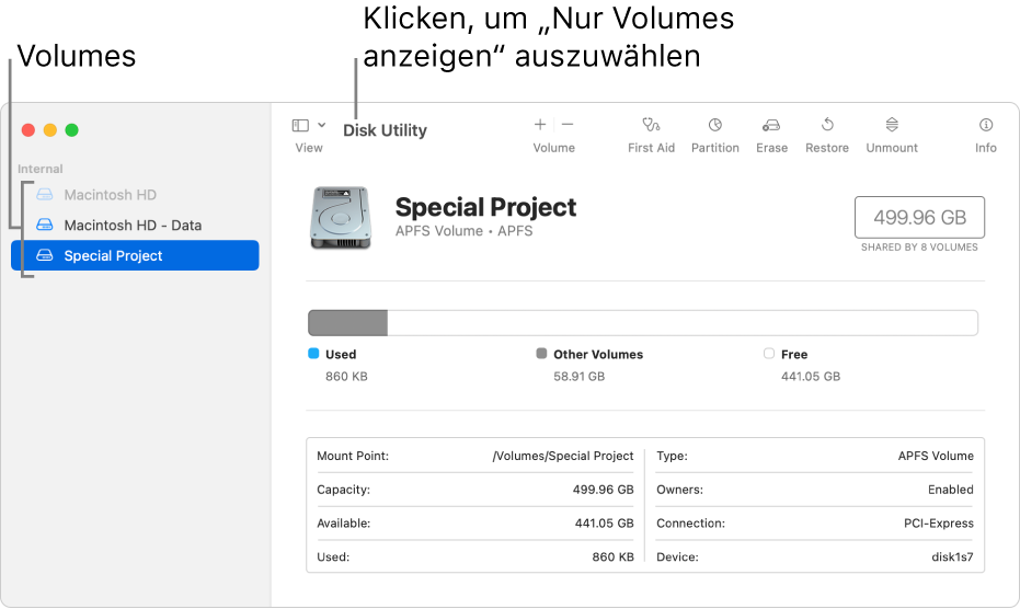 Fenster des Festplattendienstprogramms in der Darstellung „Nur Volumes anzeigen“.
