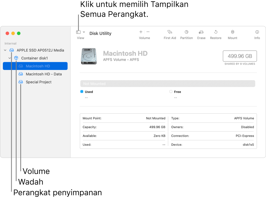 Jendela Utilitas Disk, menampilkan tiga volume, wadah, dan perangkat penyimpanan di tampilan Tampilkan Semua Perangkat.