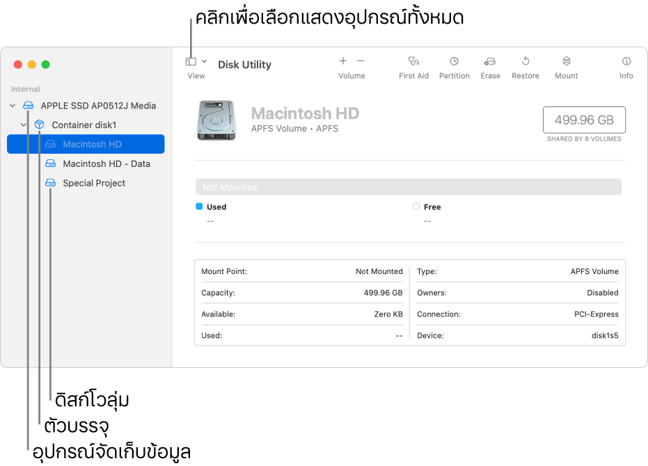 หน้าต่างยูทิลิตี้ดิสก์ในมุมมองแสดงอุปกรณ์ทั้งหมด
