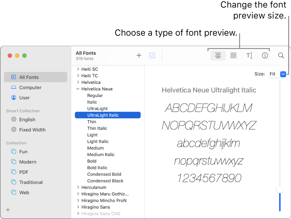 The Font Book window showing buttons in the toolbar for choosing the type of font preview, and a vertical slider at the far right for changing the preview size.