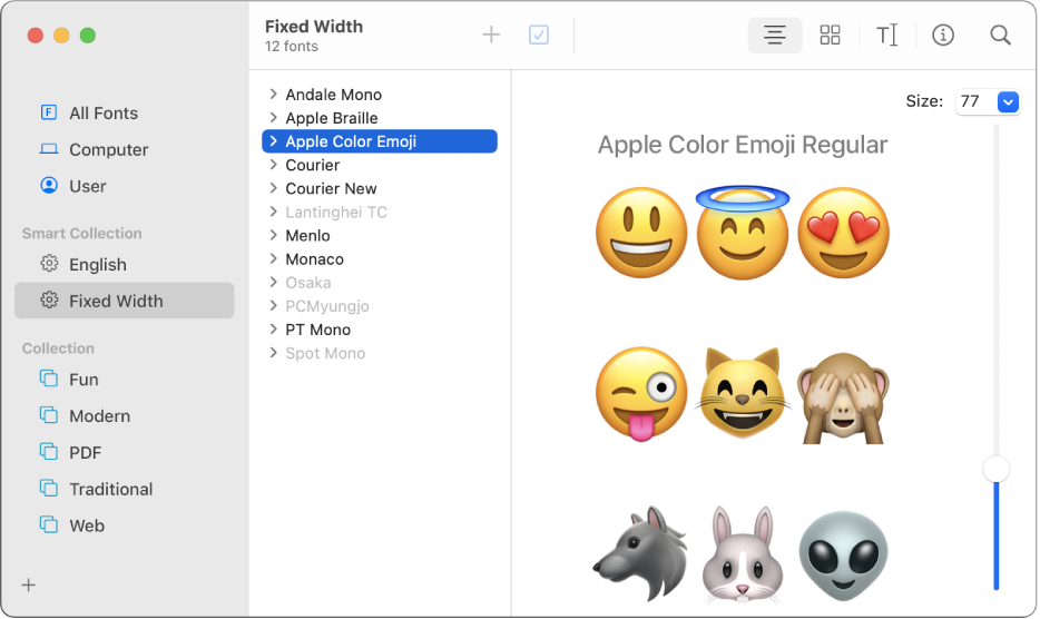 The Font Book window showing a preview of the Apple Colour Emoji font.